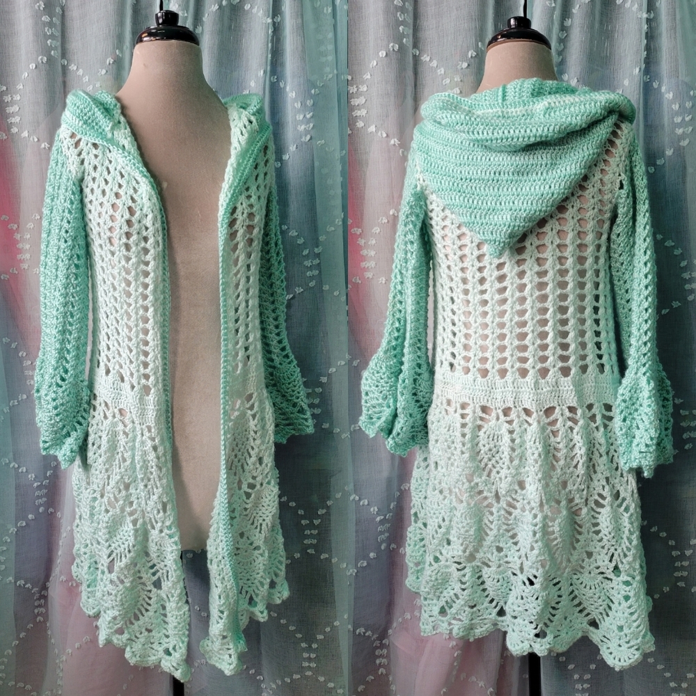 SOLD Handmade Crochet Lace Pineapple Stitch Fairy Hooded Jacket Cardigan Blue - Picture 1 of 5